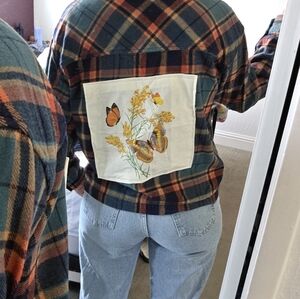 Upcycled Plaid Shirt with Butterfly Patch